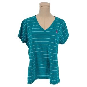 US Polo Assn V-gNeck Tee Teal Blue Striped Embroidered Logo XL